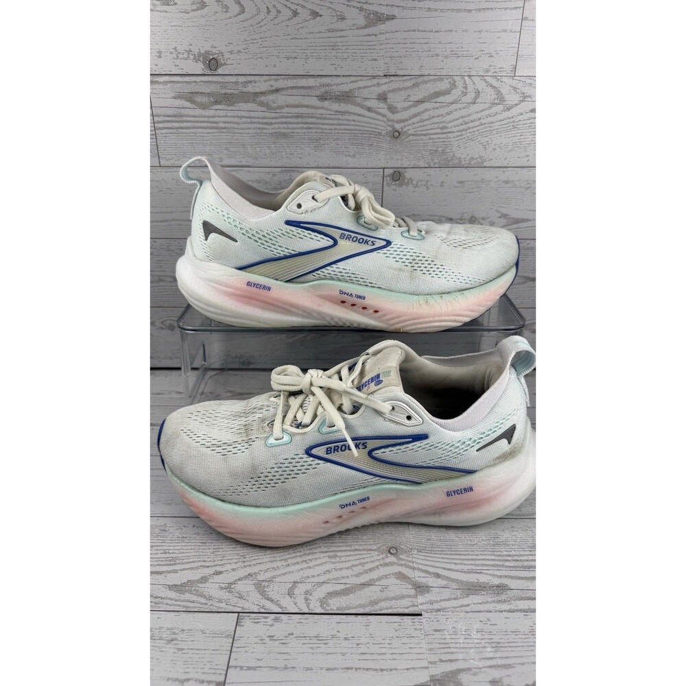 Brooks Glycerin GTS 22 Shoes Women Sz 8.5 White Limpet Shell Blue Running #561